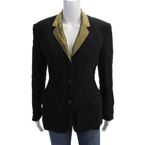 Designer Womens Single Button Notched Lapel Vintage Blazer Jacket Black Size 4